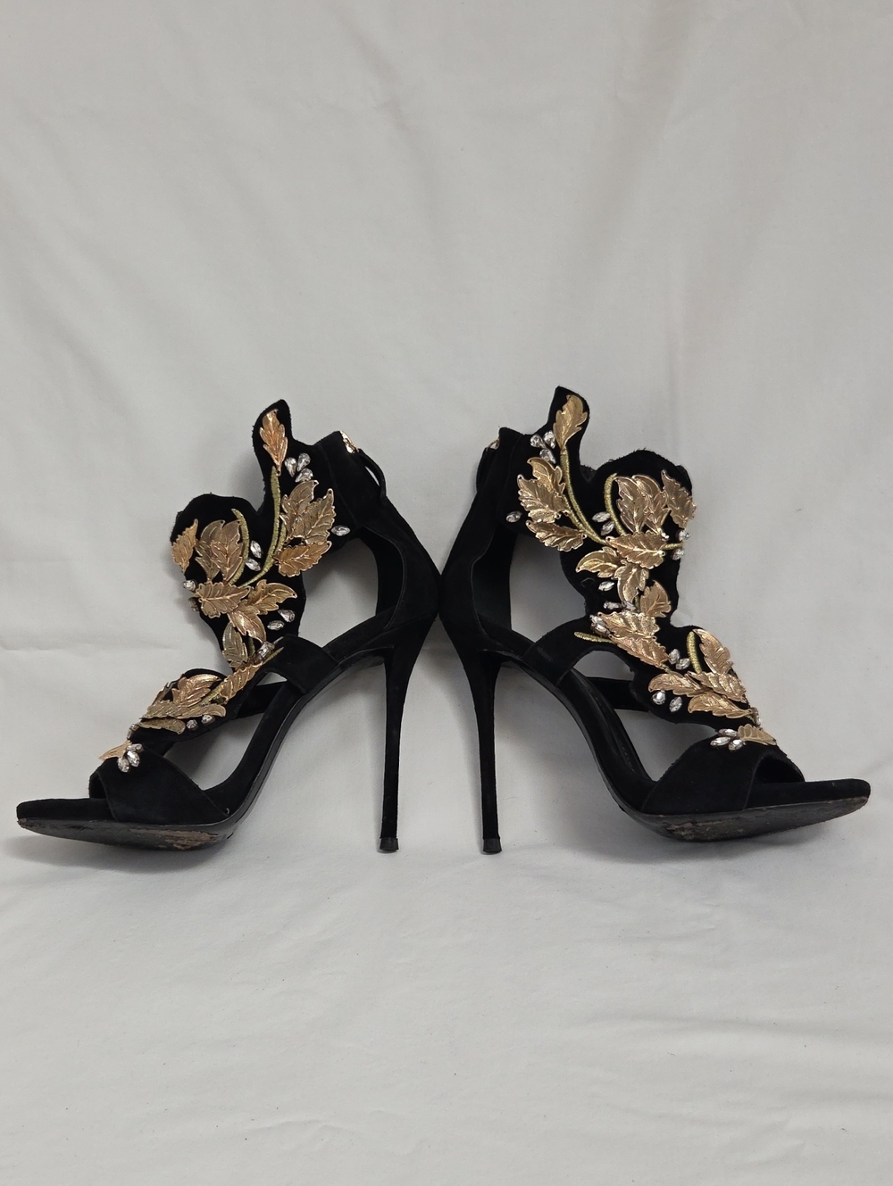 Giuseppe Zanotti Coline Black Suede Gold Leaf Stiletto Heels 39 - Picture 5 of 15
